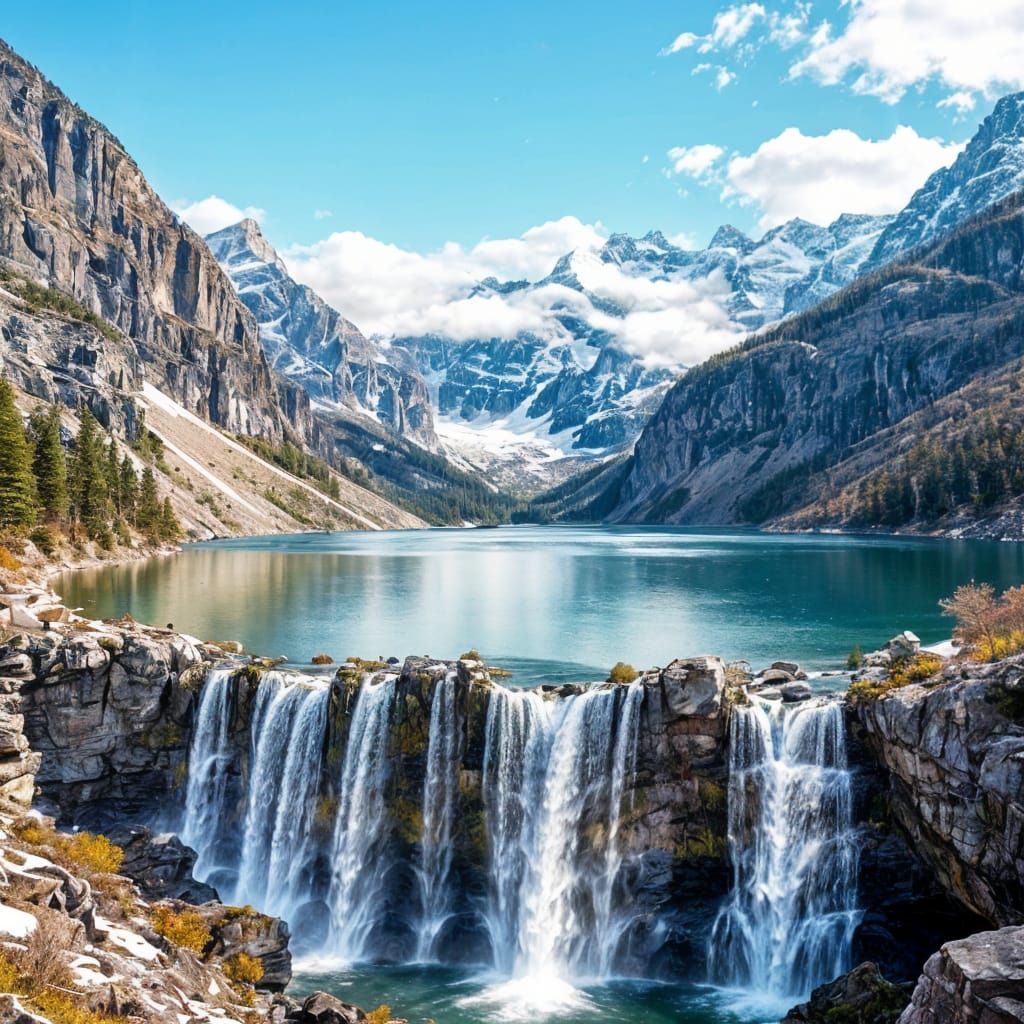 Dramatic Snowy Mountain Lake Landscape in Hudson River Schoo...