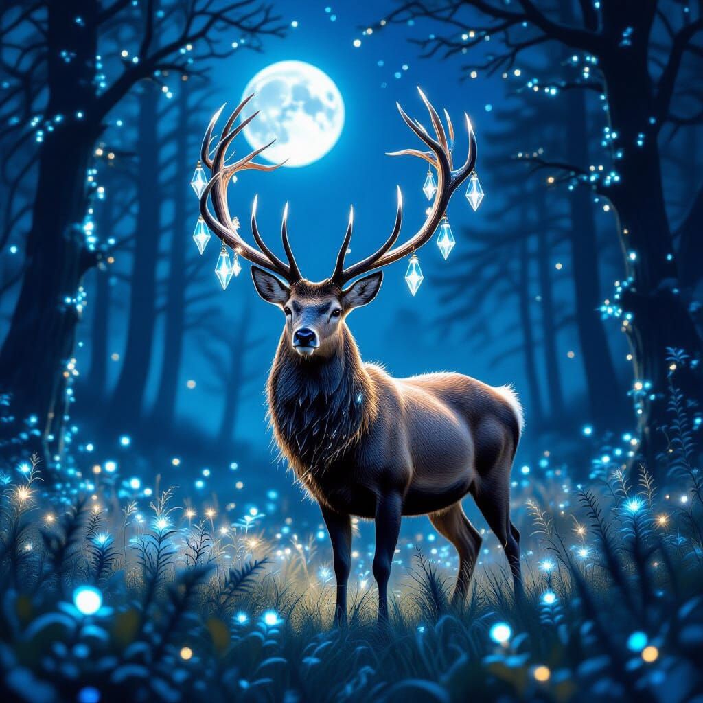 Majestic Stag with Crystalline Antlers in Moonlit Meadow