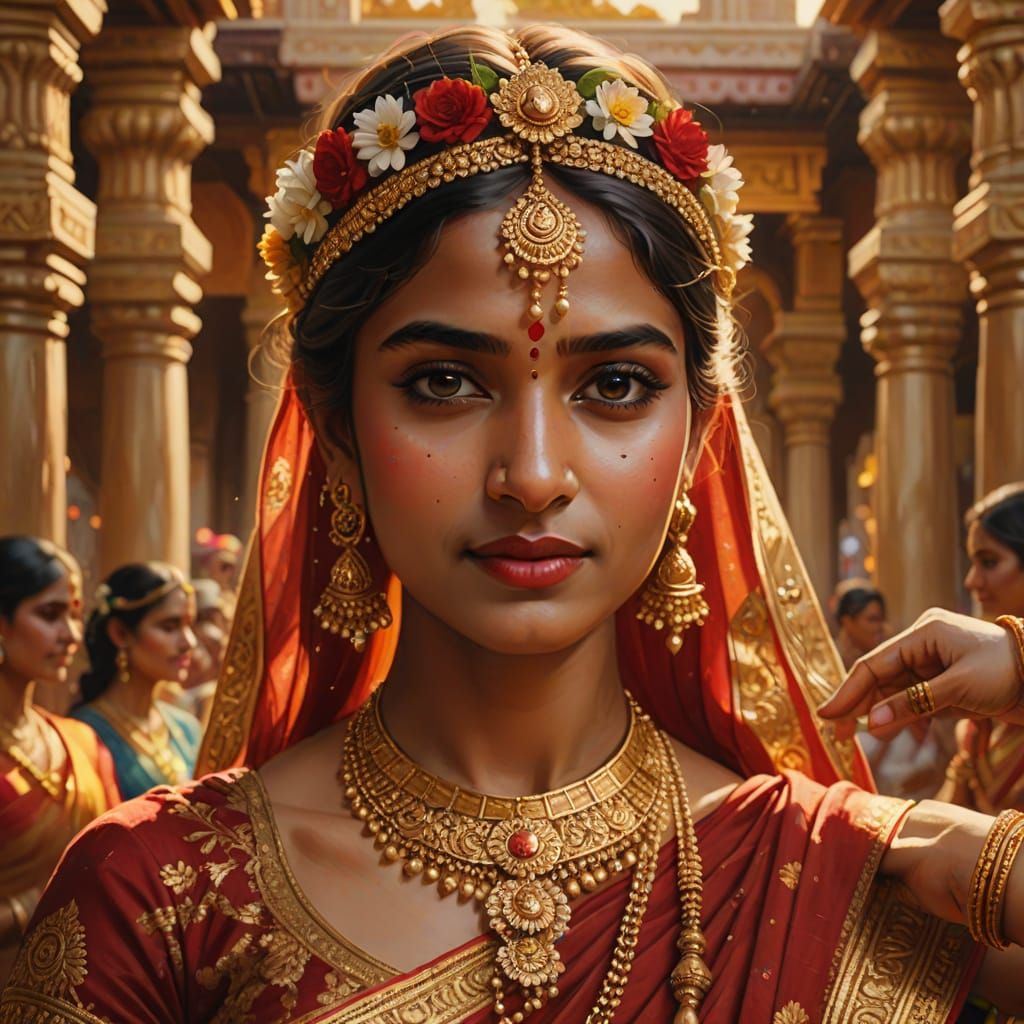 Indian Woman Dancing in Red and Gold Sari