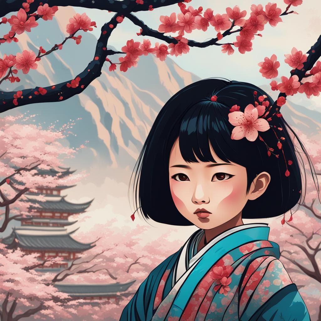 Charming Asian Child Among Cherry Blossoms