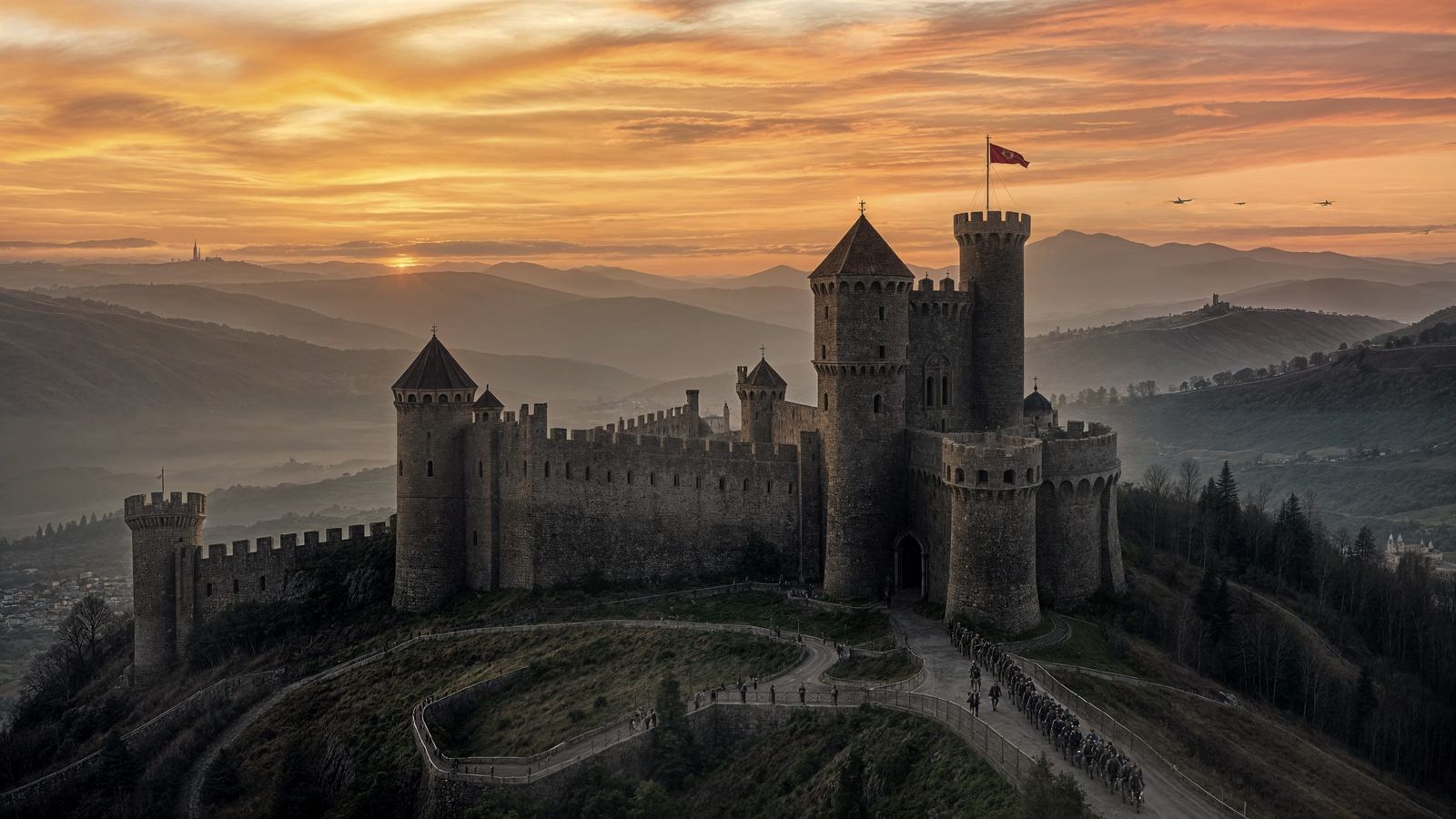 Epic Castle View with Cavalry at Sunset
