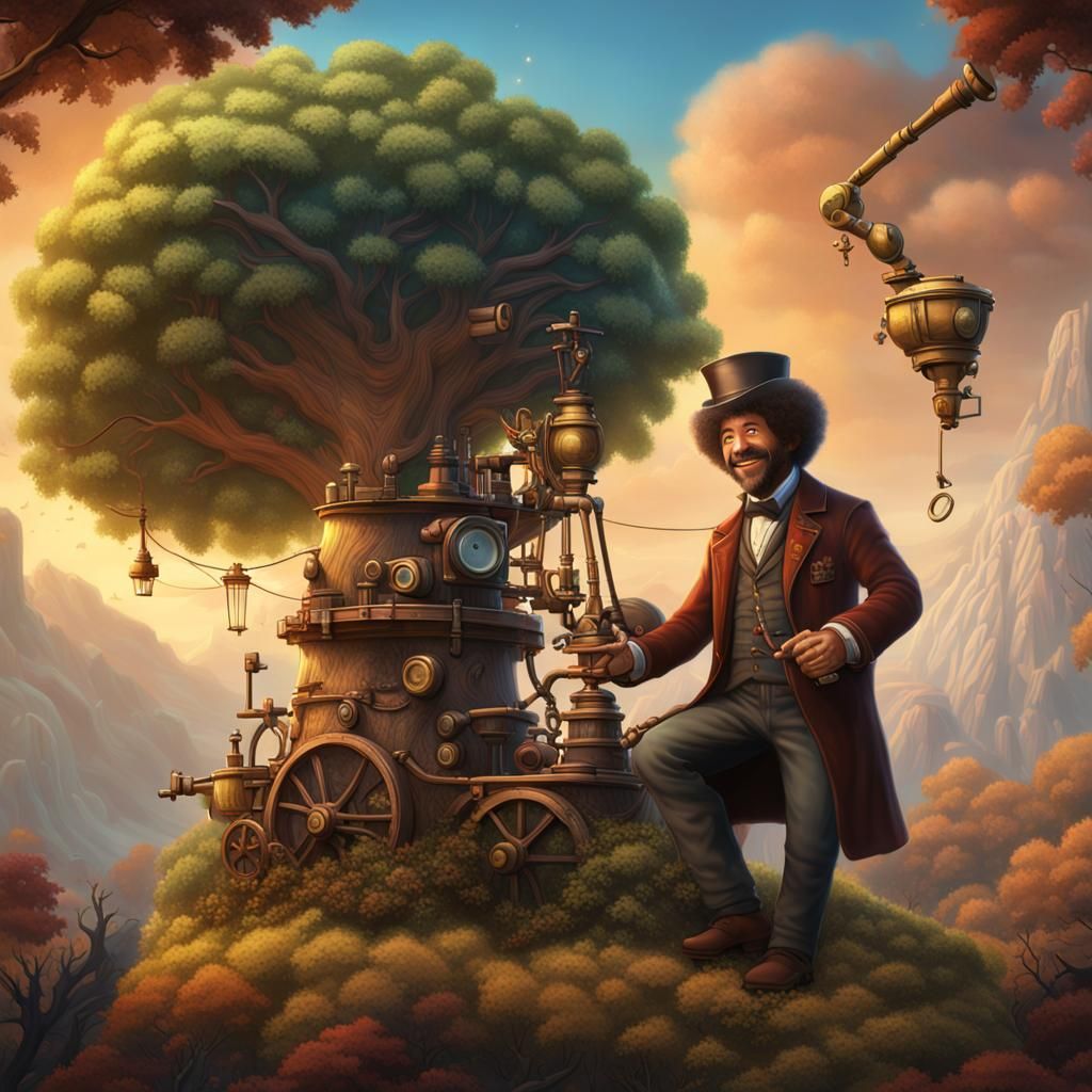 Steampunk Bob Ross Painting a Happy Tree