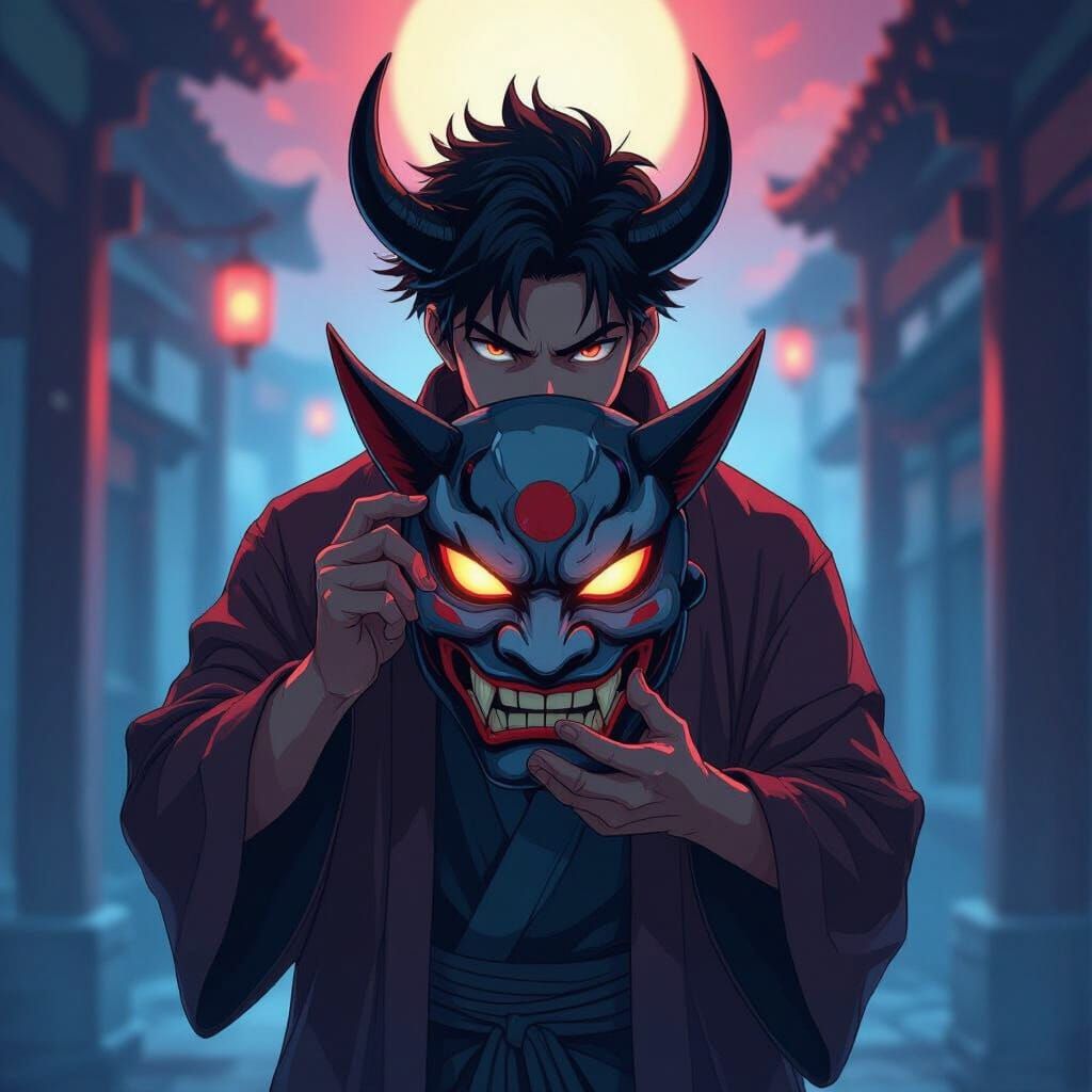 Anime Style Man Holding Oni Mask with Cinematic Lighting
