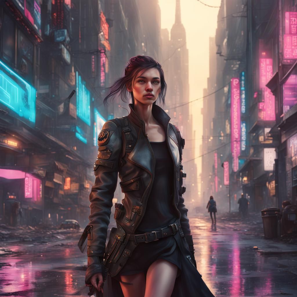 Cyberpunk Princess Walking City Street: Digital Art