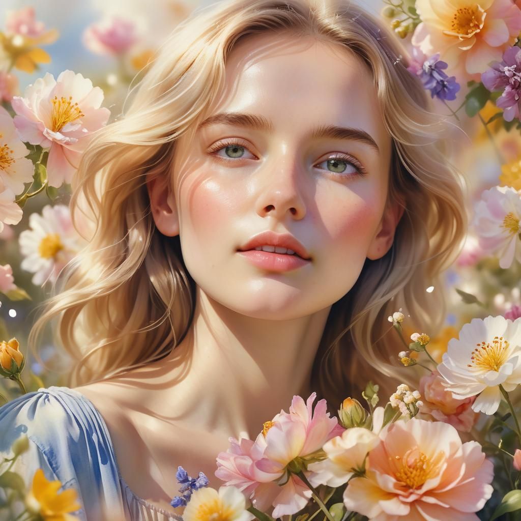 Breathtaking Watercolour Portrait with Delicate Flowers in E...