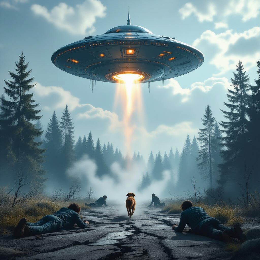 Gothic Steampunk UFO Over Spruce Forest