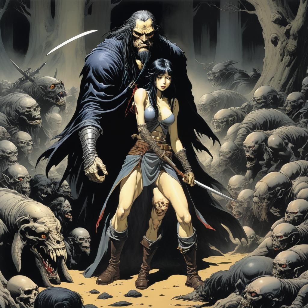 Grimdark Fantasy Art in Ukiyo-e Comic Style