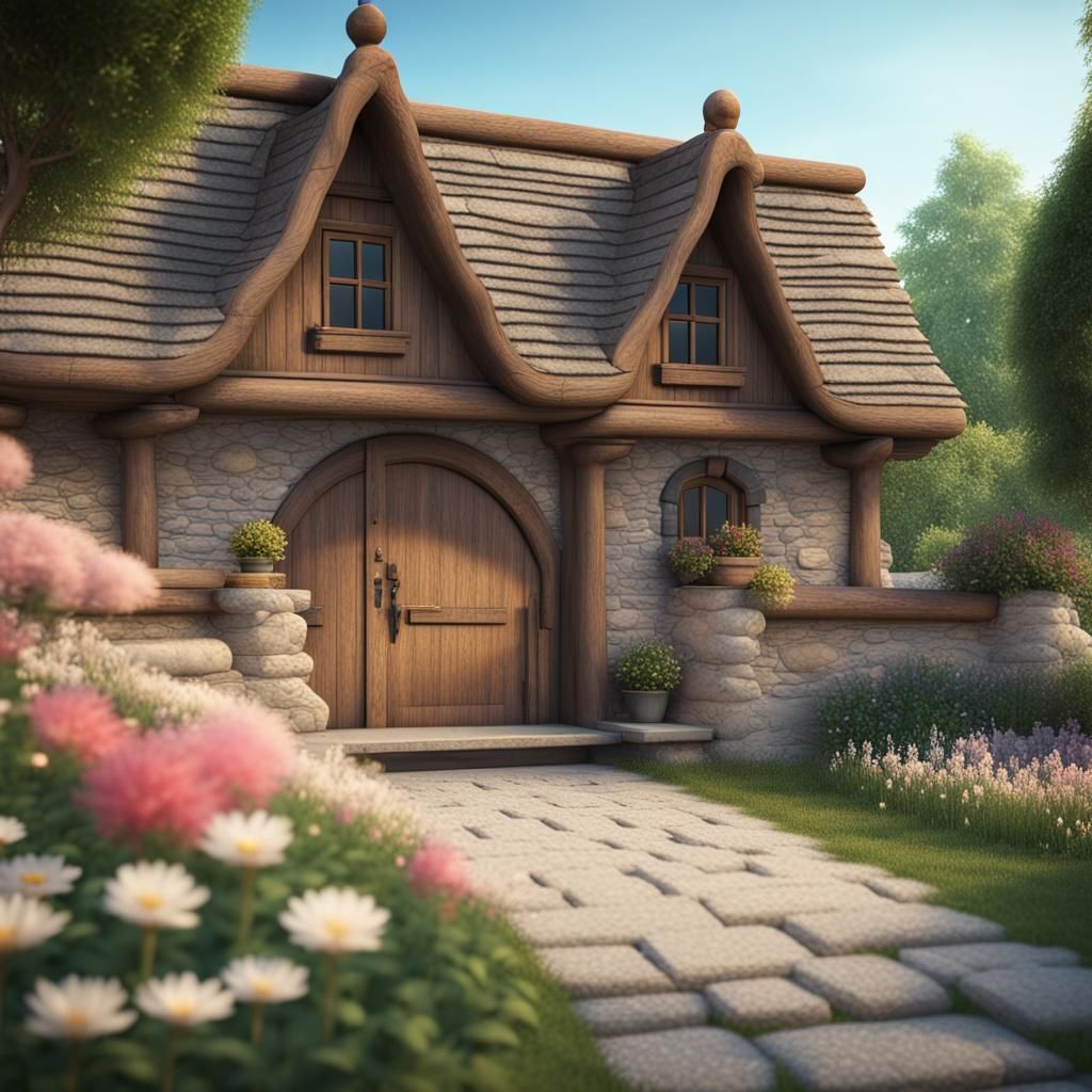 Wooden Stone House Exterior with Flower Garden