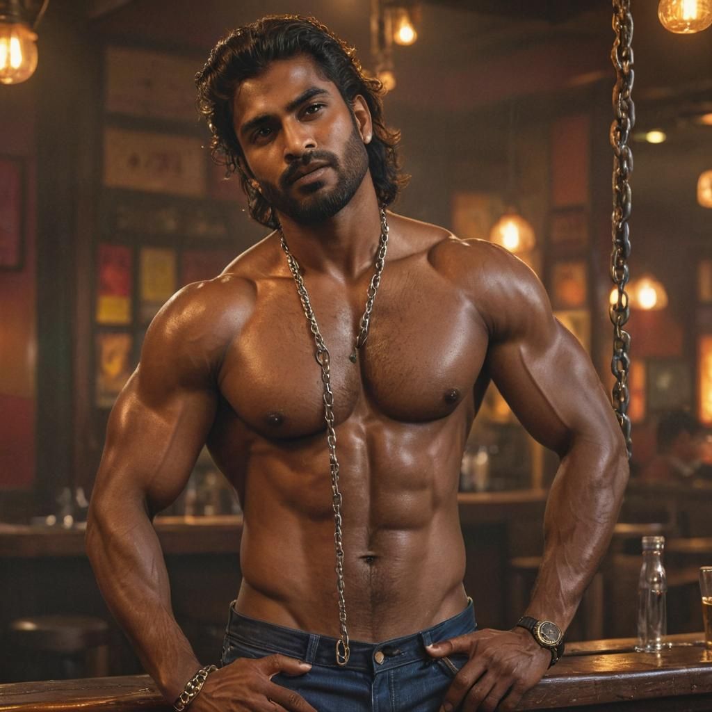 Hyperrealistic Portrait of Muscular Man in Bar