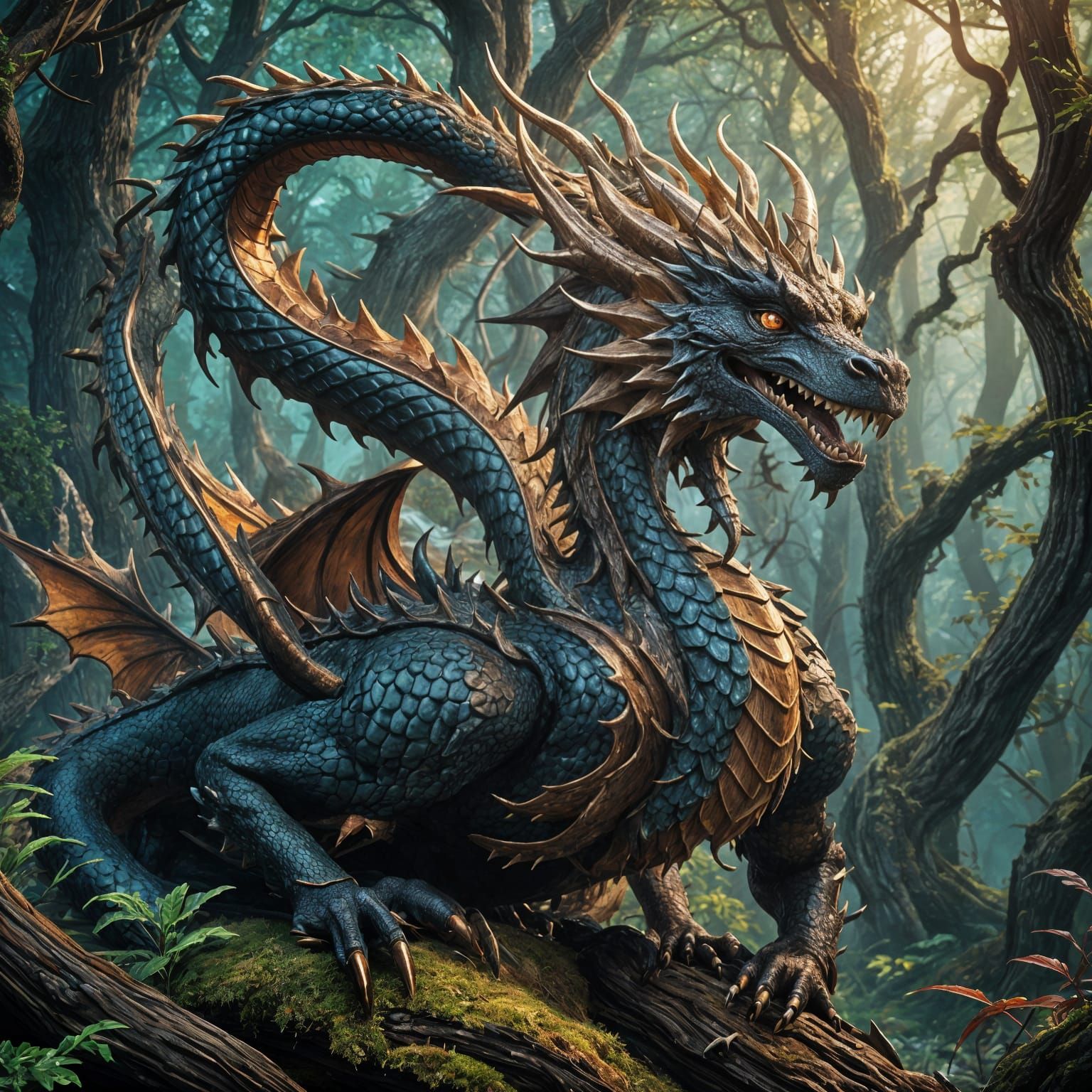 Detailed Wood Carving of a Dragon