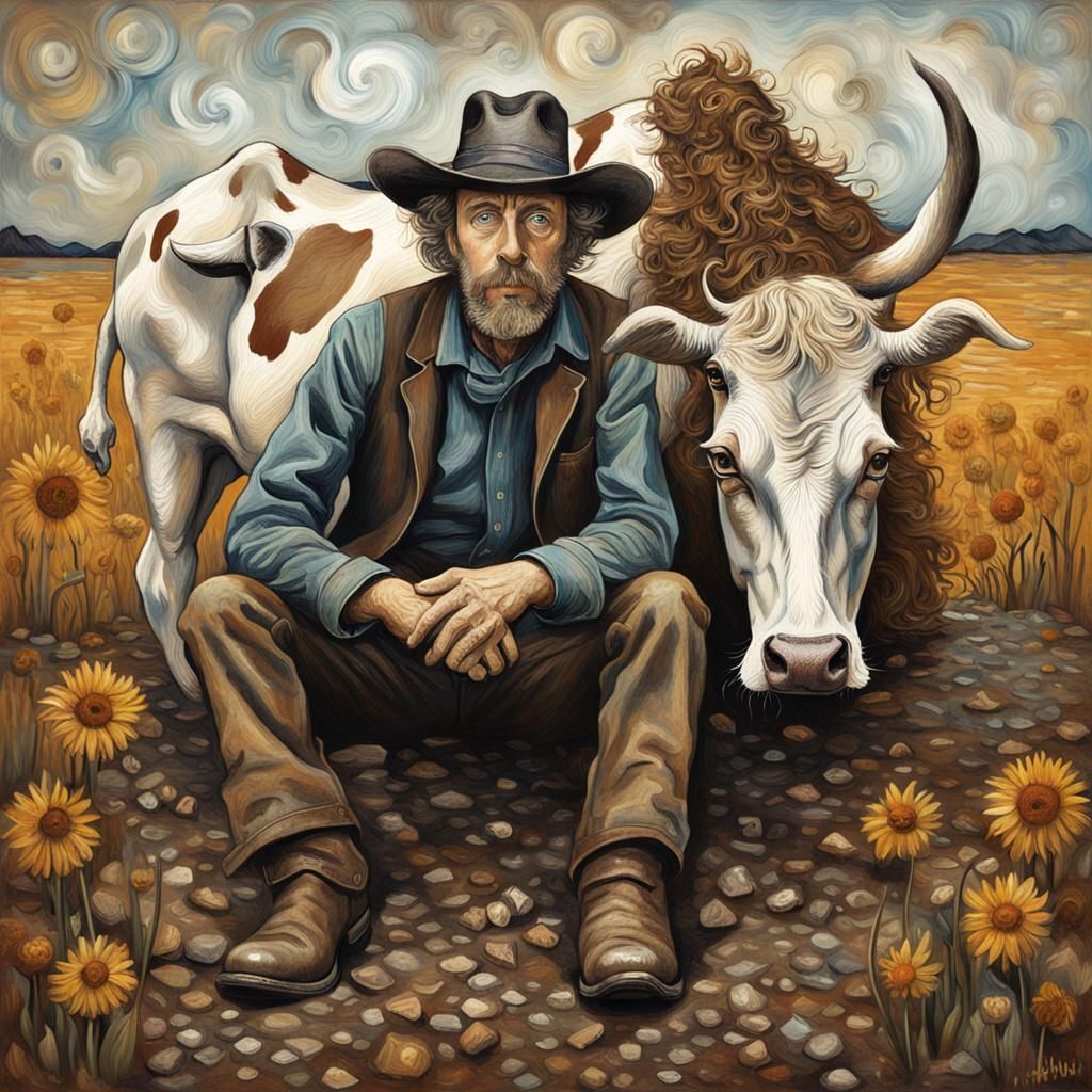 Cowboy and Surreal Cow in Gothic Impressionism
