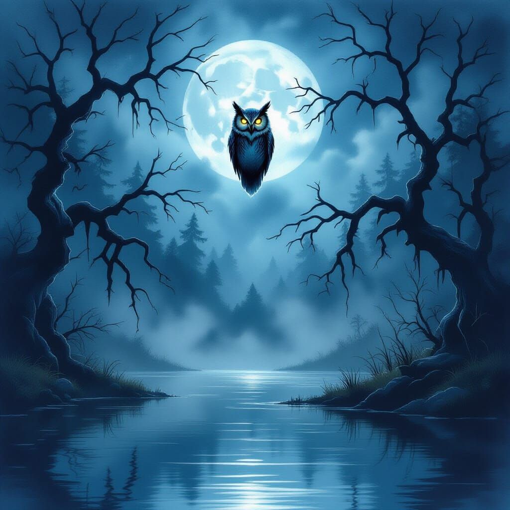 Spectral Owl Over Moonlit Lake in Dark Fantasy Style