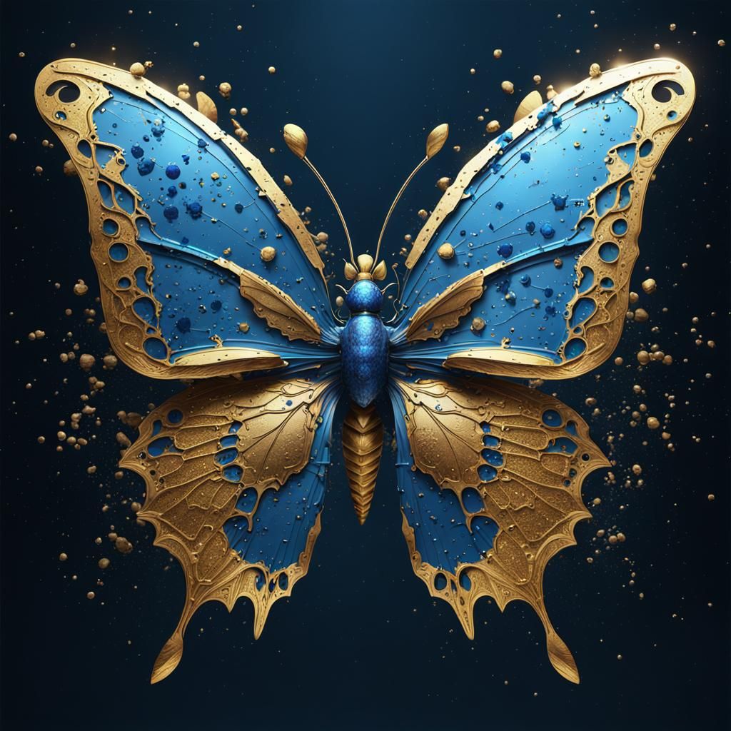Blue and Gold Paint Splatter Butterfly