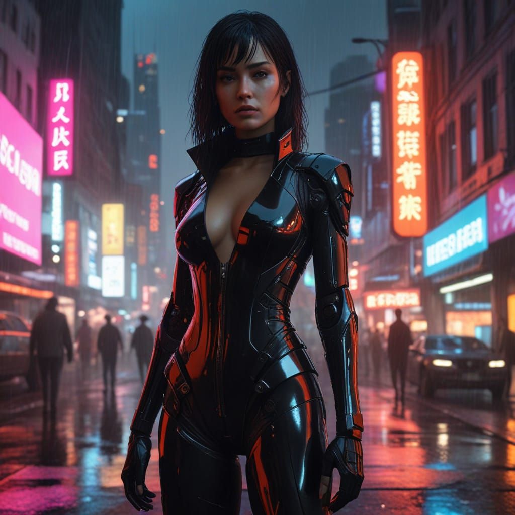 Cyborg Woman Stands Tall in Neon-Lit Cyberpunk City