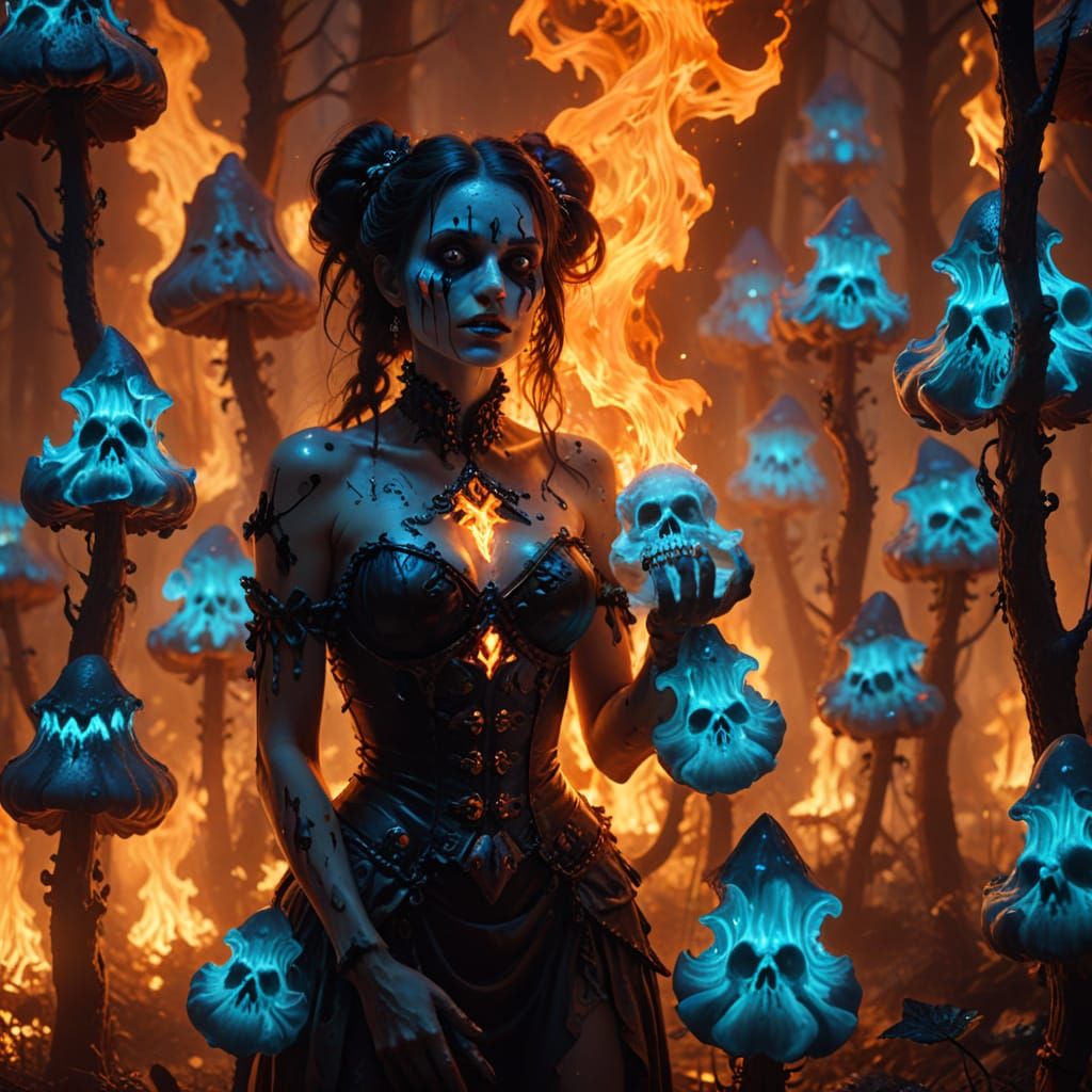 Sinister Harlequin Juggling Skulls in Bioluminescent Forest