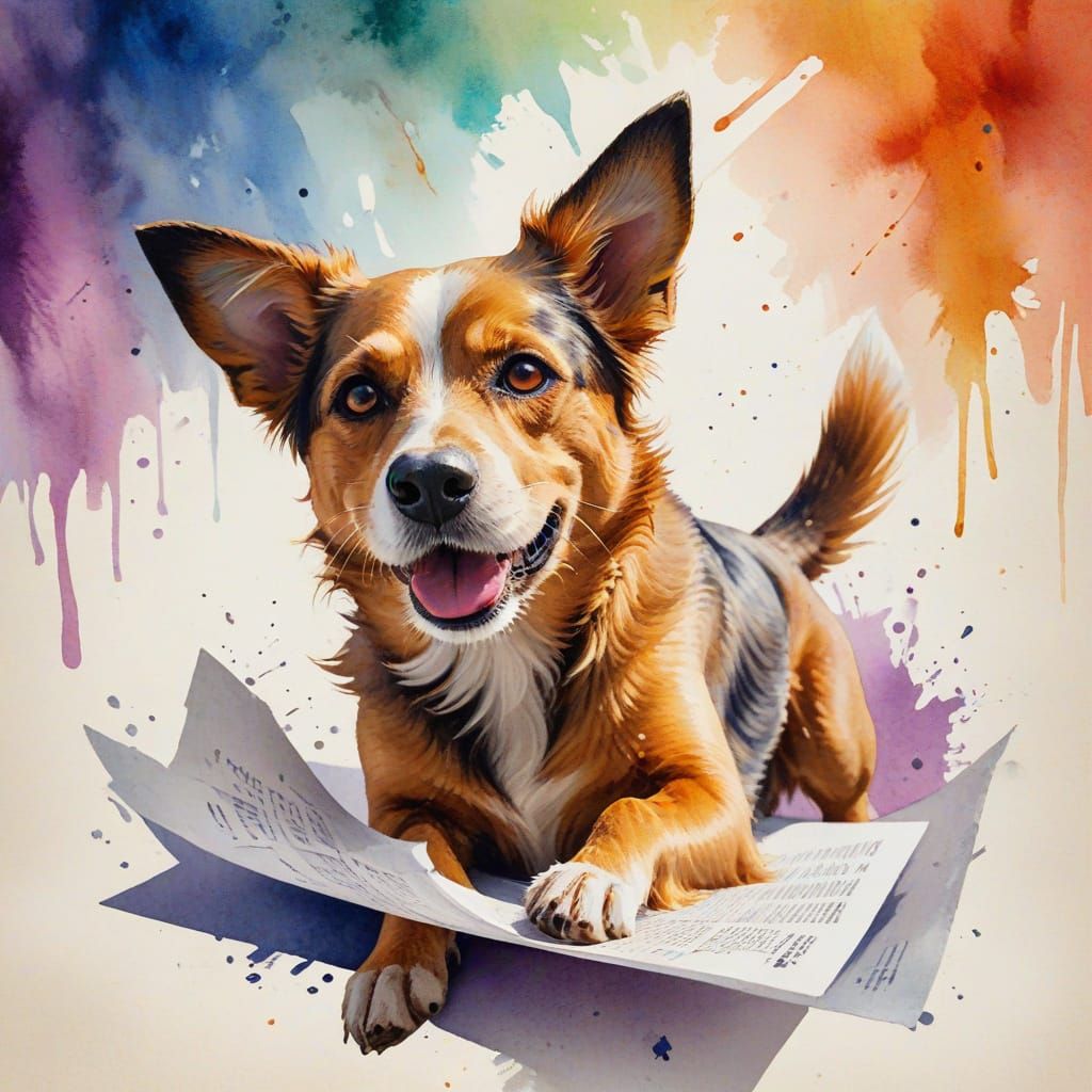 Dog Plays with Paper in Watercolor Style