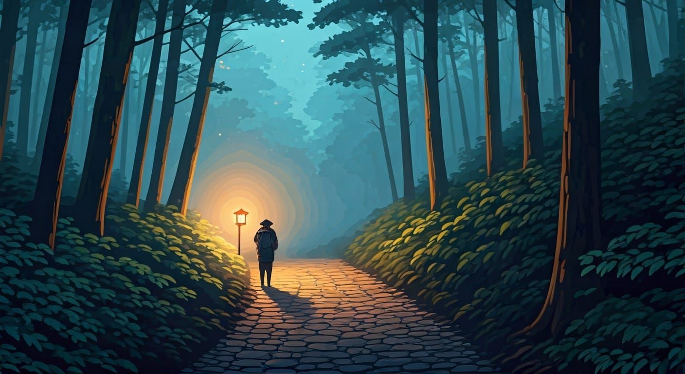 Mystical Forest Traveler in Japanese Watercolor Style