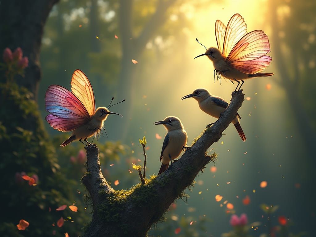 Glowing Butterflies Pecking Tree: Dreamy Iridescent Scene