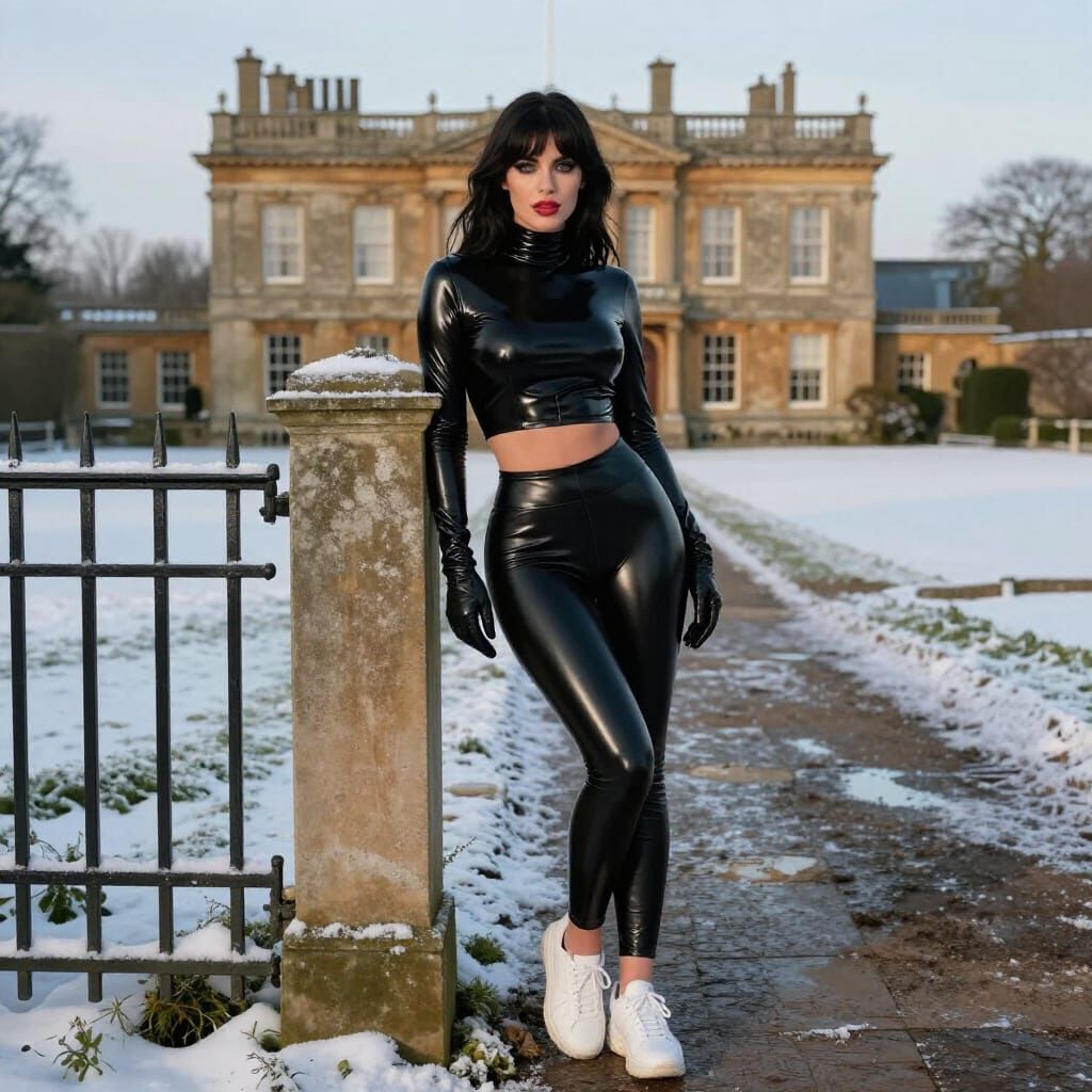 Woman in Black Latex Poses by English Country House