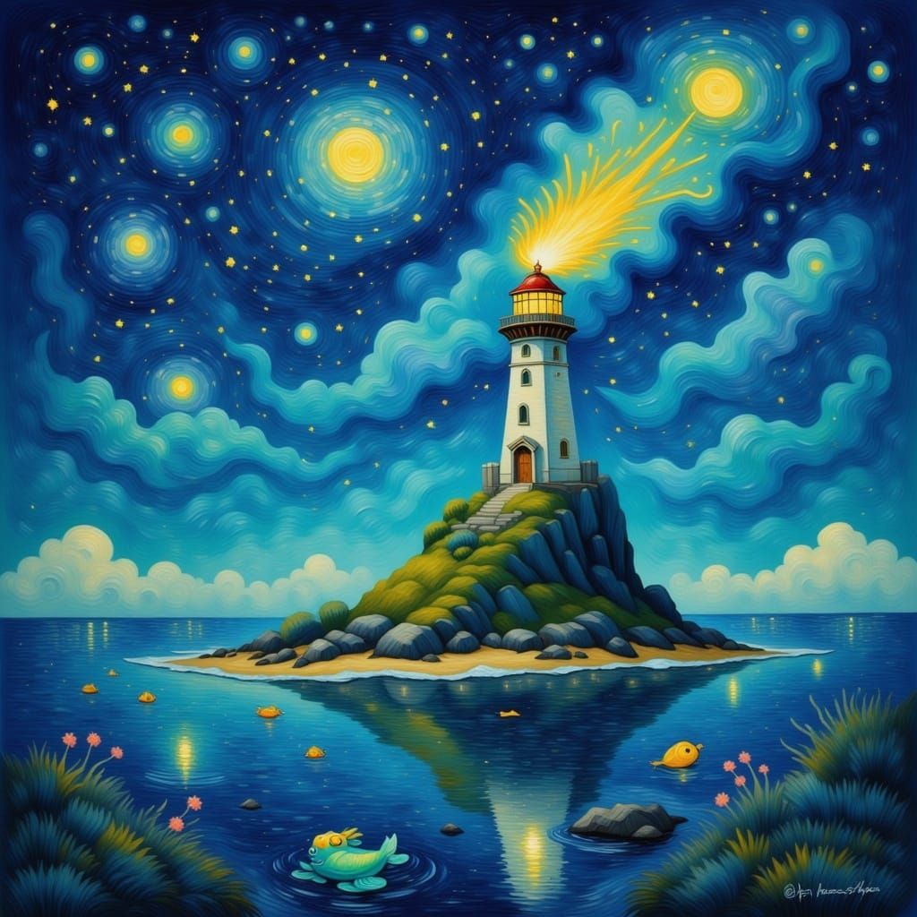 A whimsical lighthouse stands proudly on a tiny, floating is...