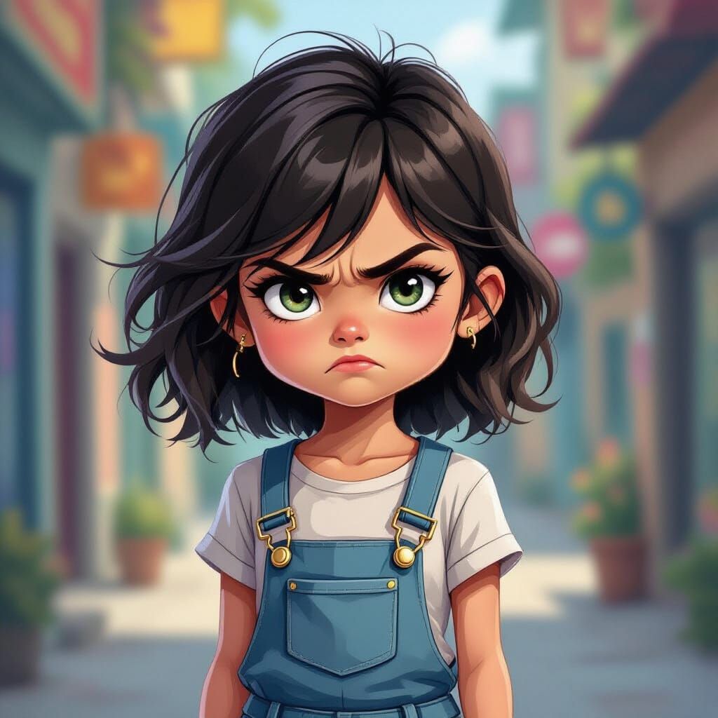 Grumpy Girl Portrait in Cartoon Style