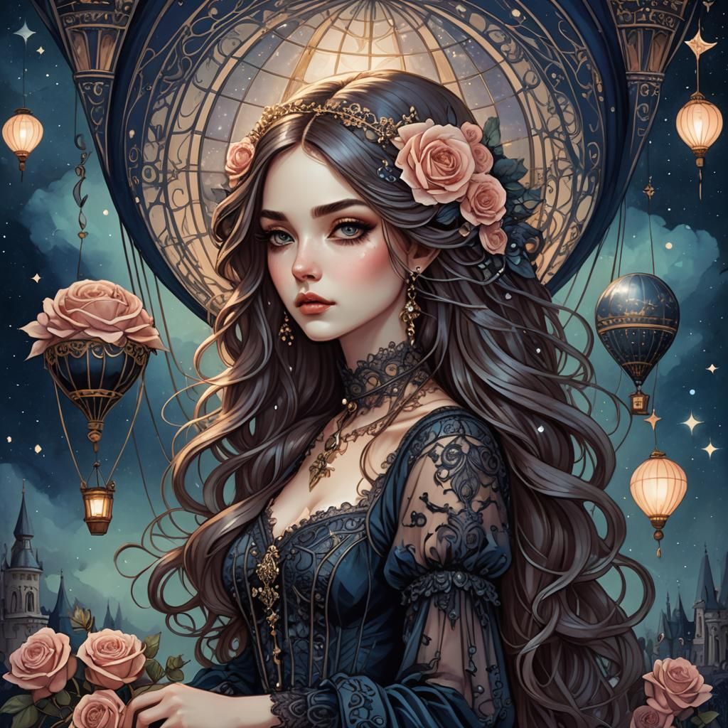 Girl in Hot Air Balloon: Art Nouveau Digital Painting