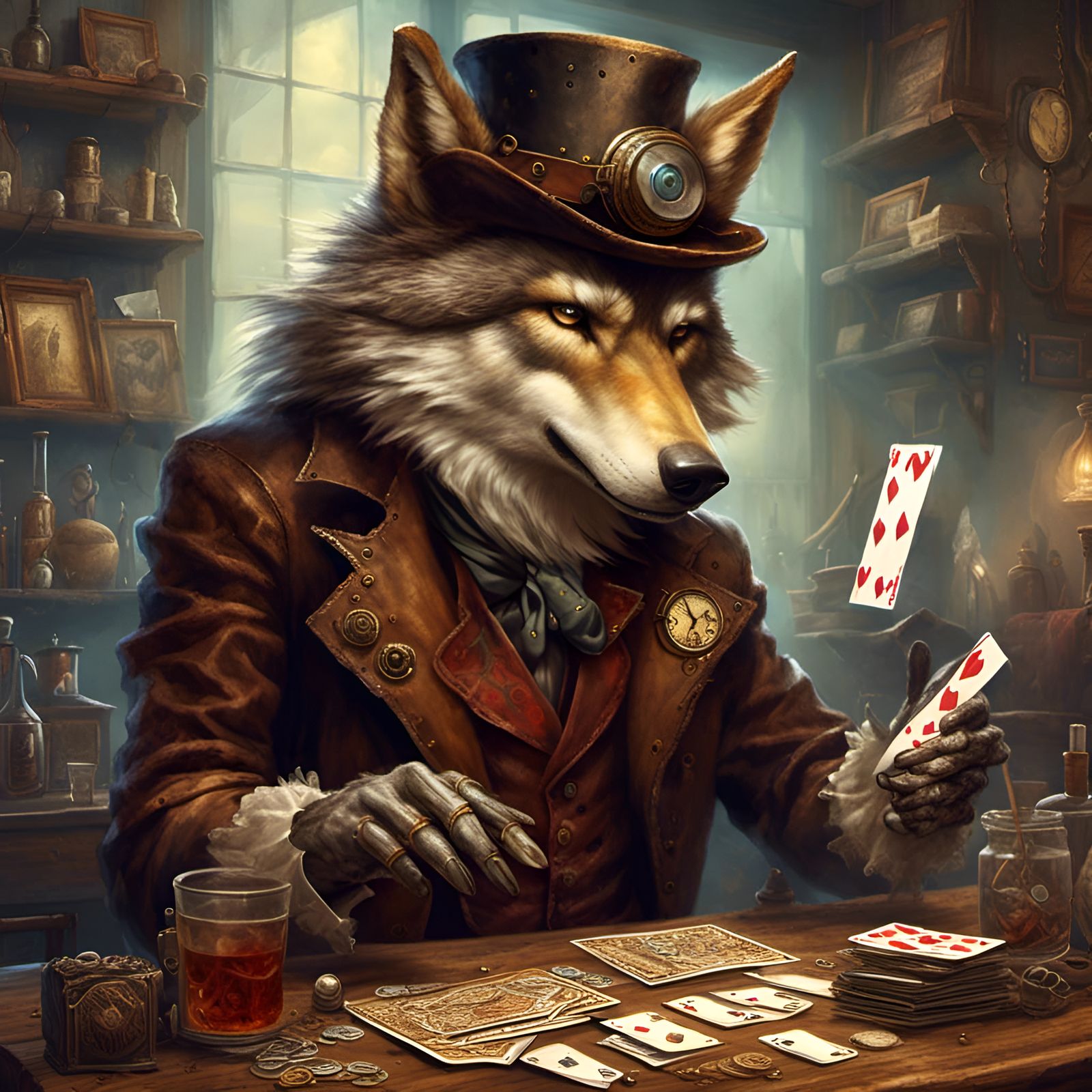 Steampunk Wolf Card Dealer in Wild West Saloon