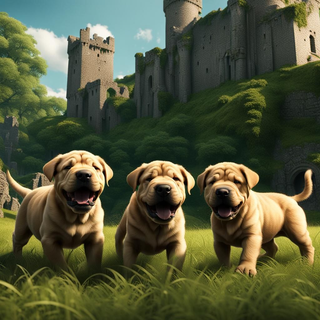 Happy Shar Pei Puppies in Irish Landscape
