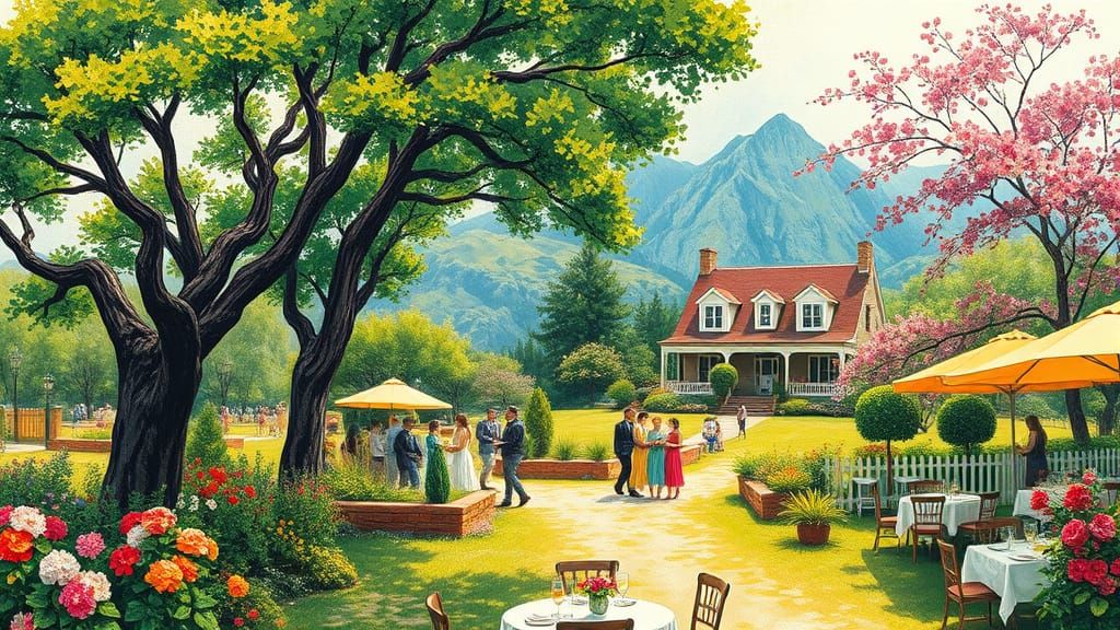 Spring Garden Party in Whimsical Post-Impressionist Style