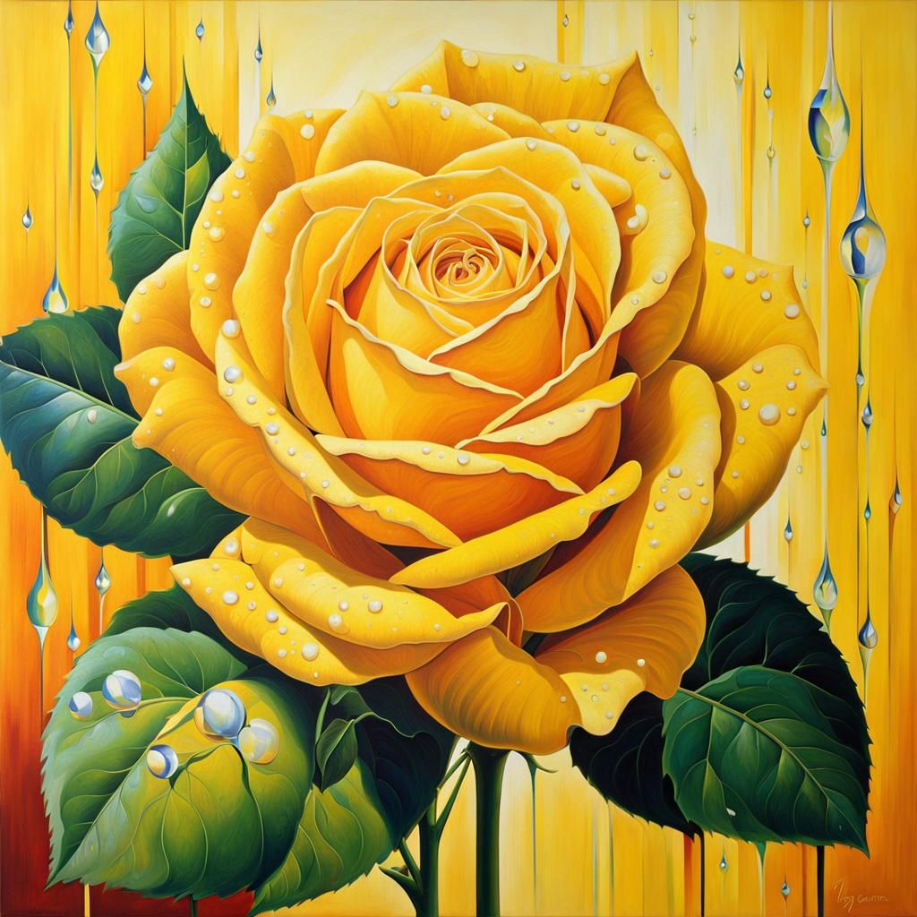 Yellow Rose with Dew Drops: Oil Painting