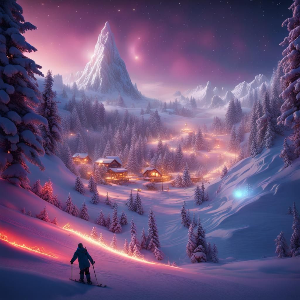 Skiing Planet with Fairy Lights: Detailed Matte Painting
