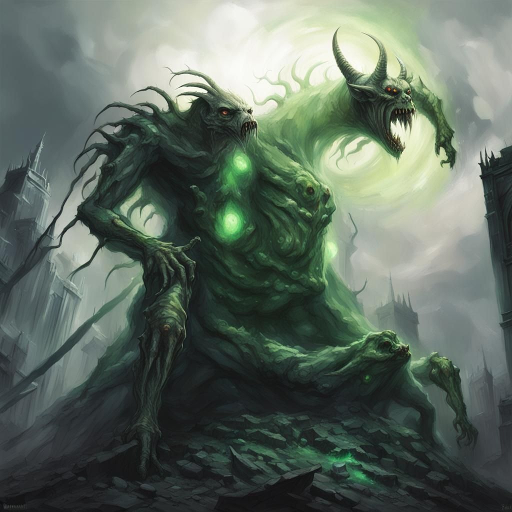 Grotesque Creature Atop Ruined Cathedral in Dark Fantasy Art