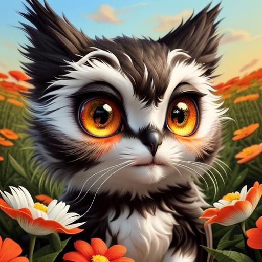 Cute Monster Cat in a Flower Field
