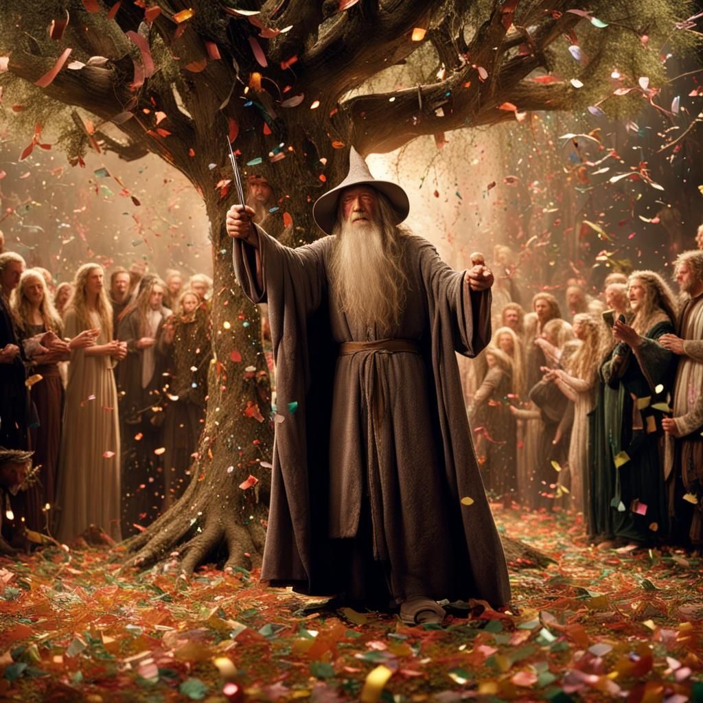 Gandalf Celebrates with Hobbits at Party Tree