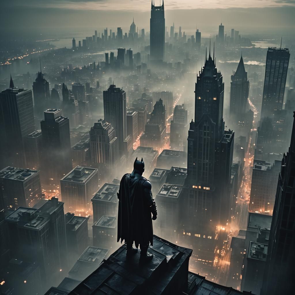 Batman Over Gotham in Film Noir Style