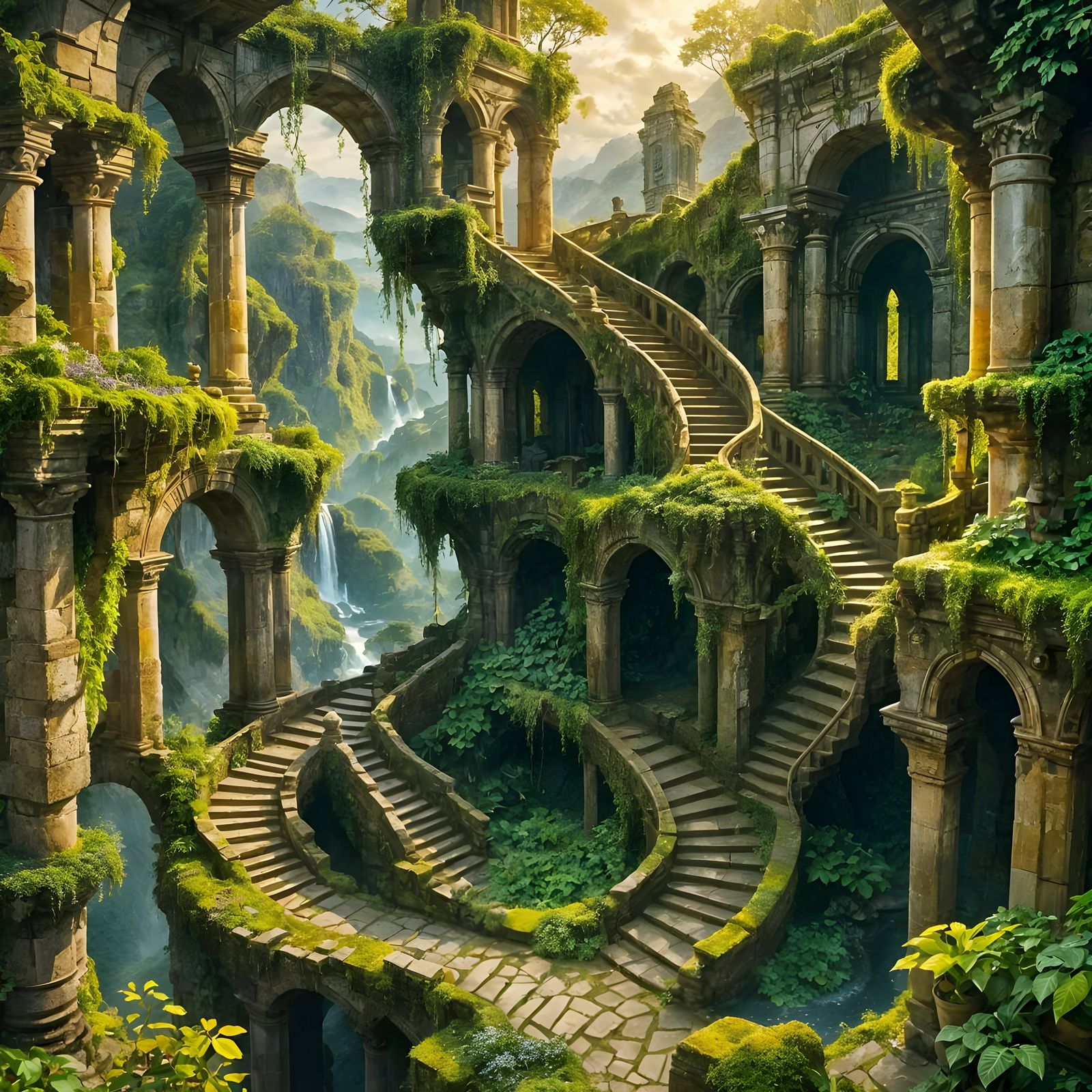 Surreal Landscape with Golden Light and Ancient Ruins