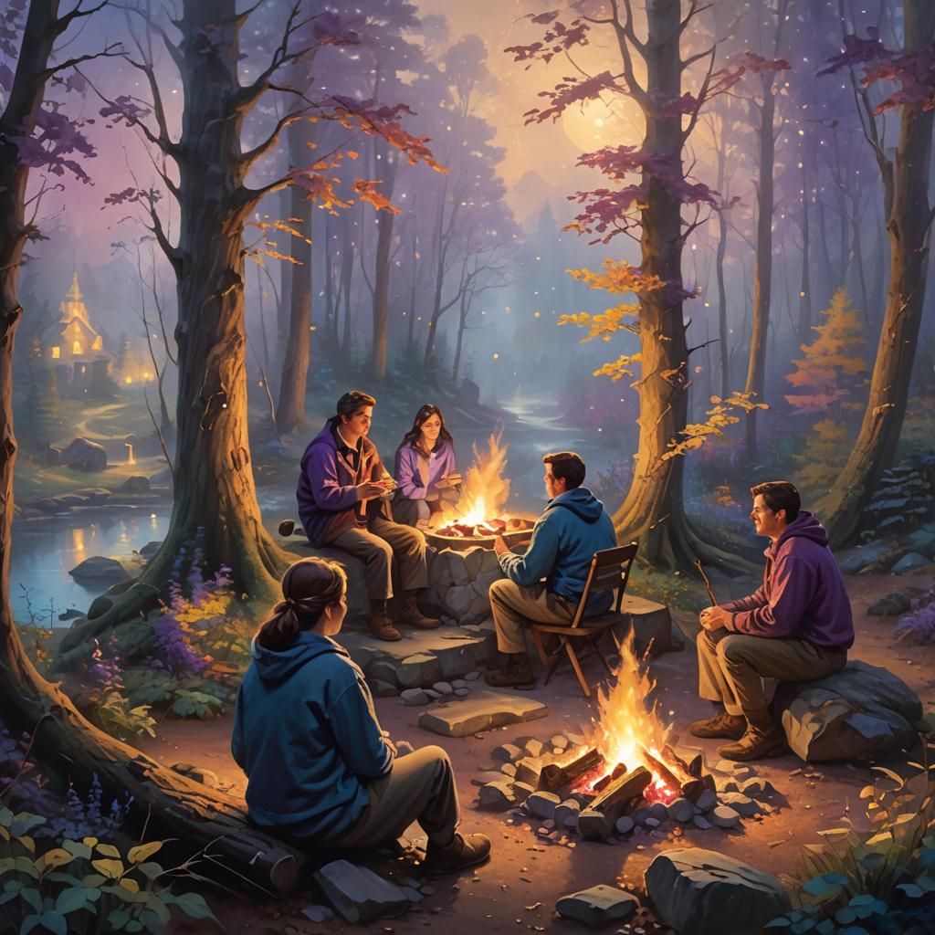 Enchanted Campfire: Ethereal Fantasy Landscape in Kinkade St...