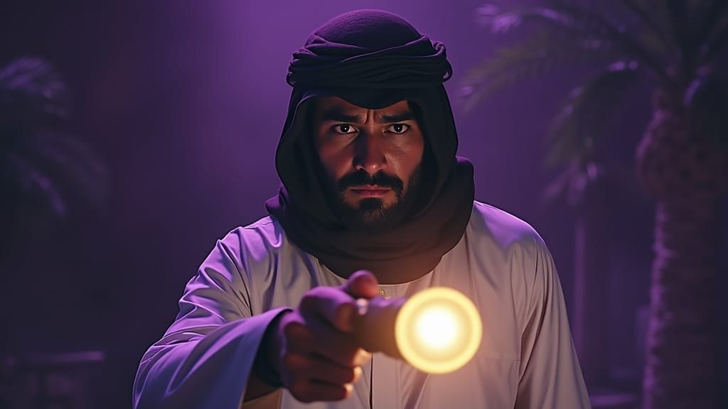 Mysterious Gulf Arab Figure in Dark Fantasy Setting