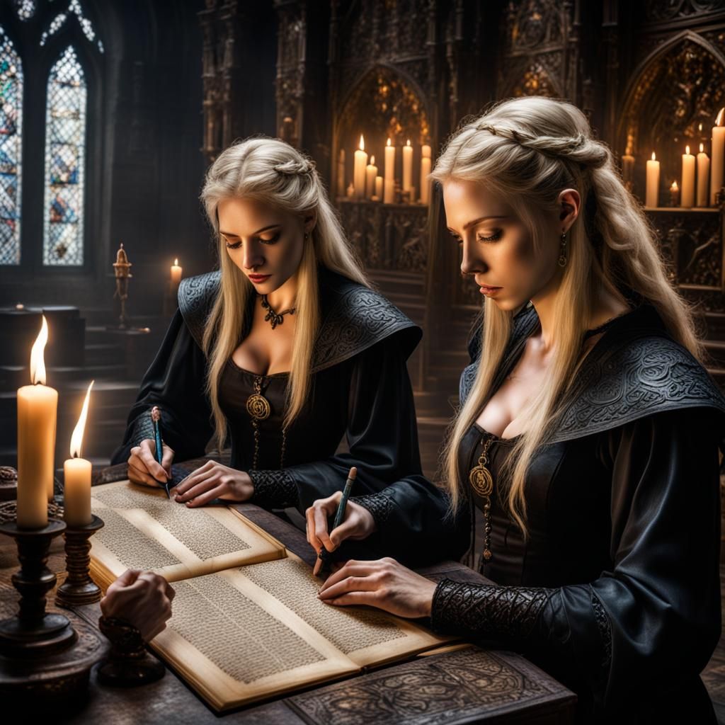 Witches Collaborate on Book of Shadows in Temple