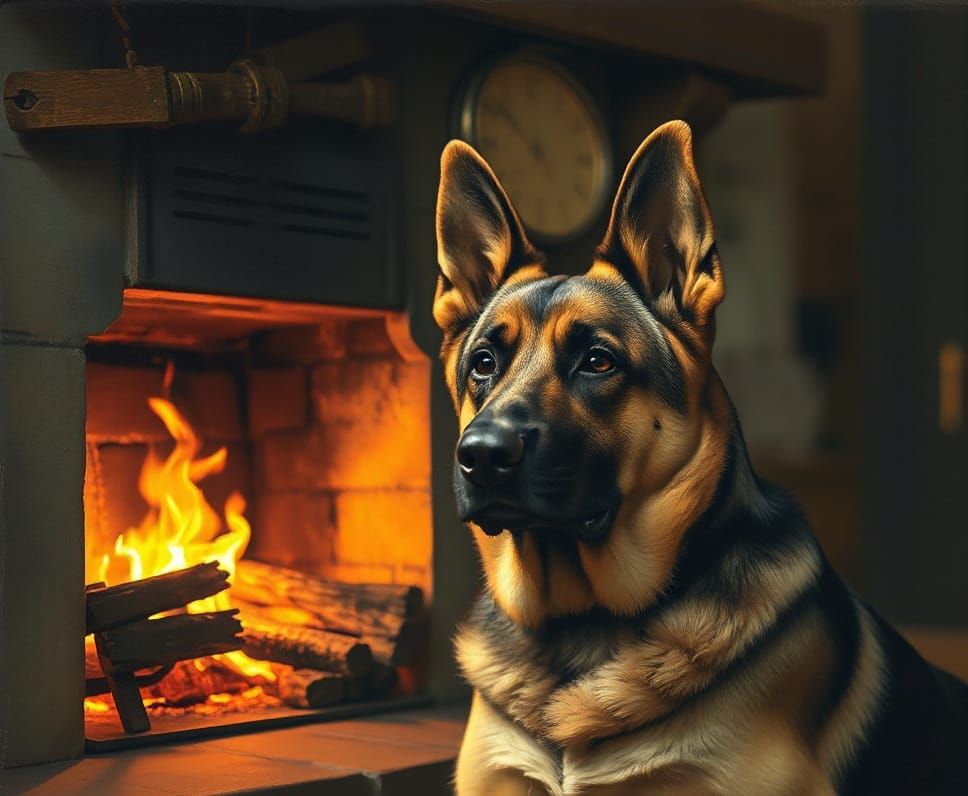 German Shepherd by Cozy Fireplace