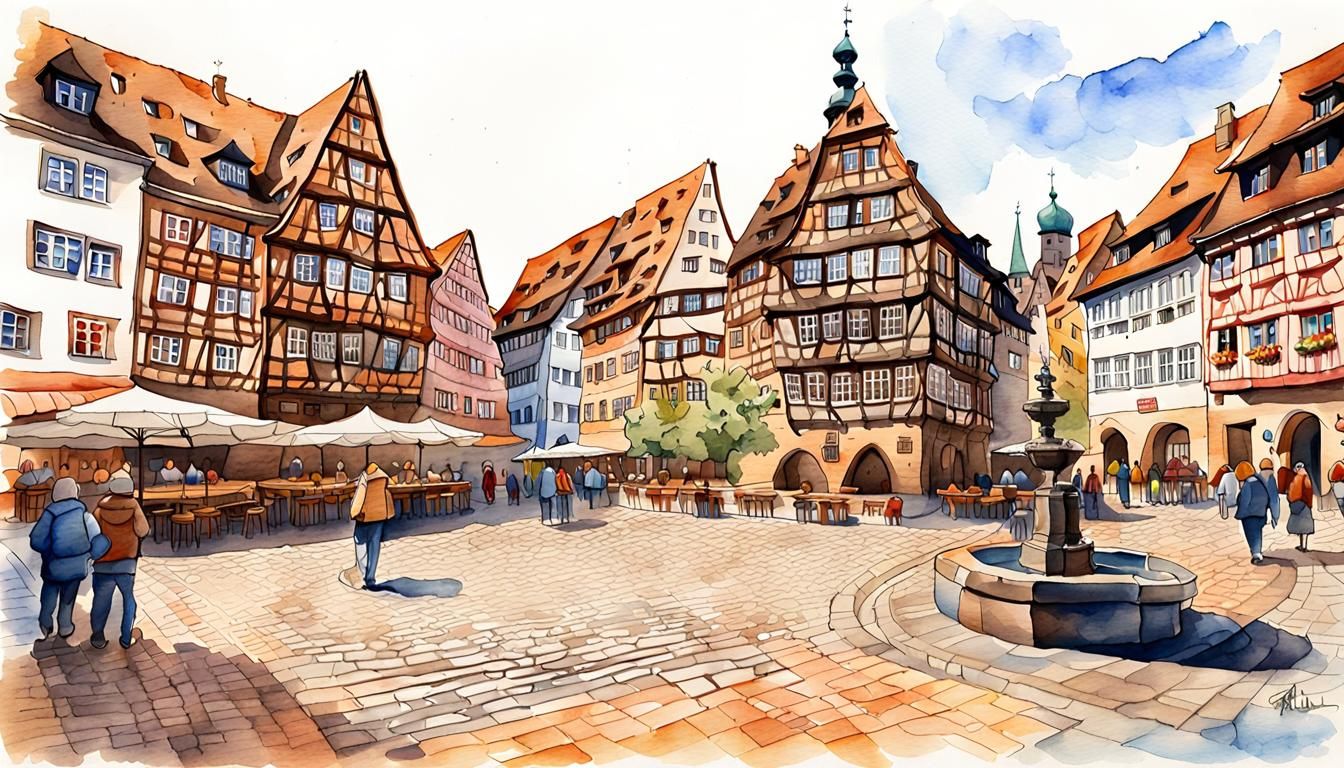Nuremberg Medieval Town Square in Watercolor Style