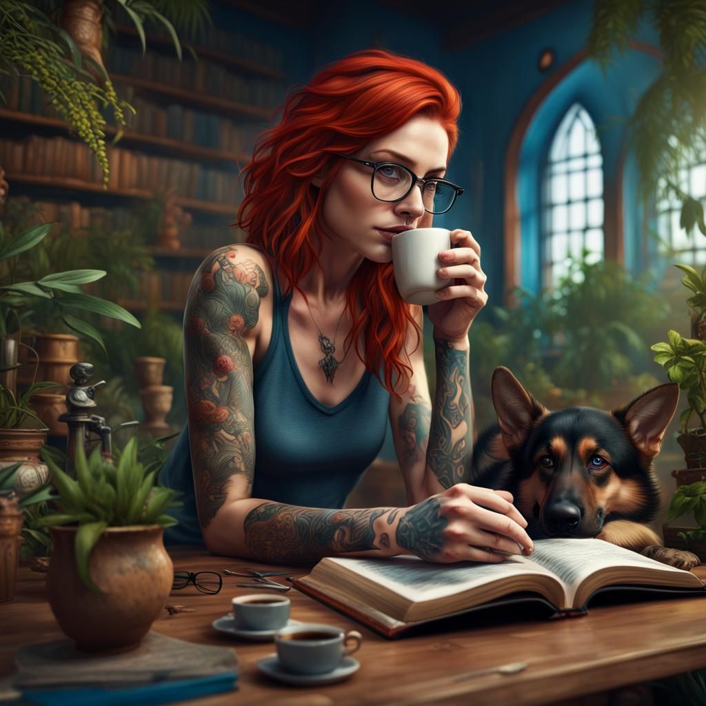 Woman Reading with German Shepherd, Detailed Matte Painting