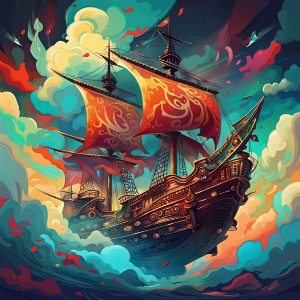 Pirate Ship Navigates a Dreamy Cloudscape