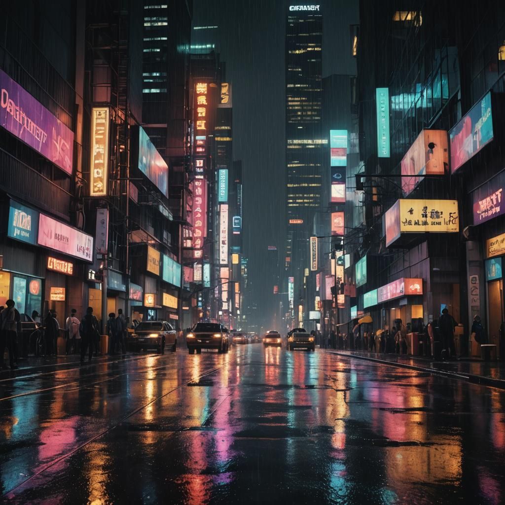 Dystopian Cityscape at Night in Cyberpunk Style