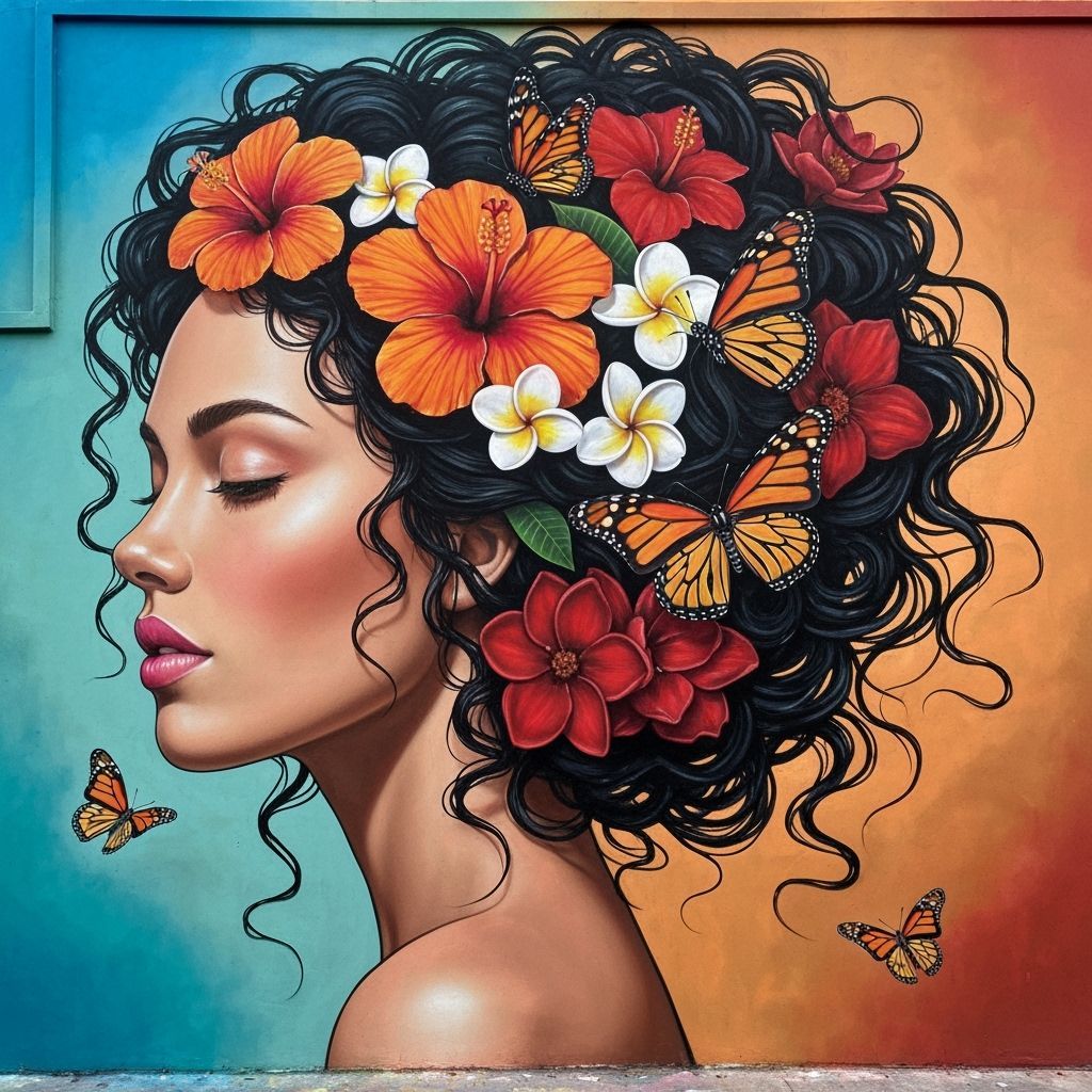 Vibrant Street Art Mural of Woman with Flowers