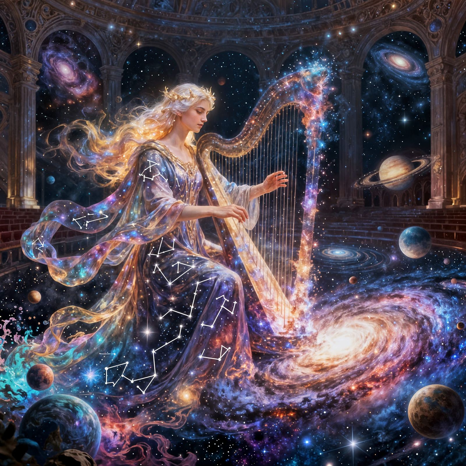 Celestial Being Plays Cosmic Harp Amidst Swirling Galaxies