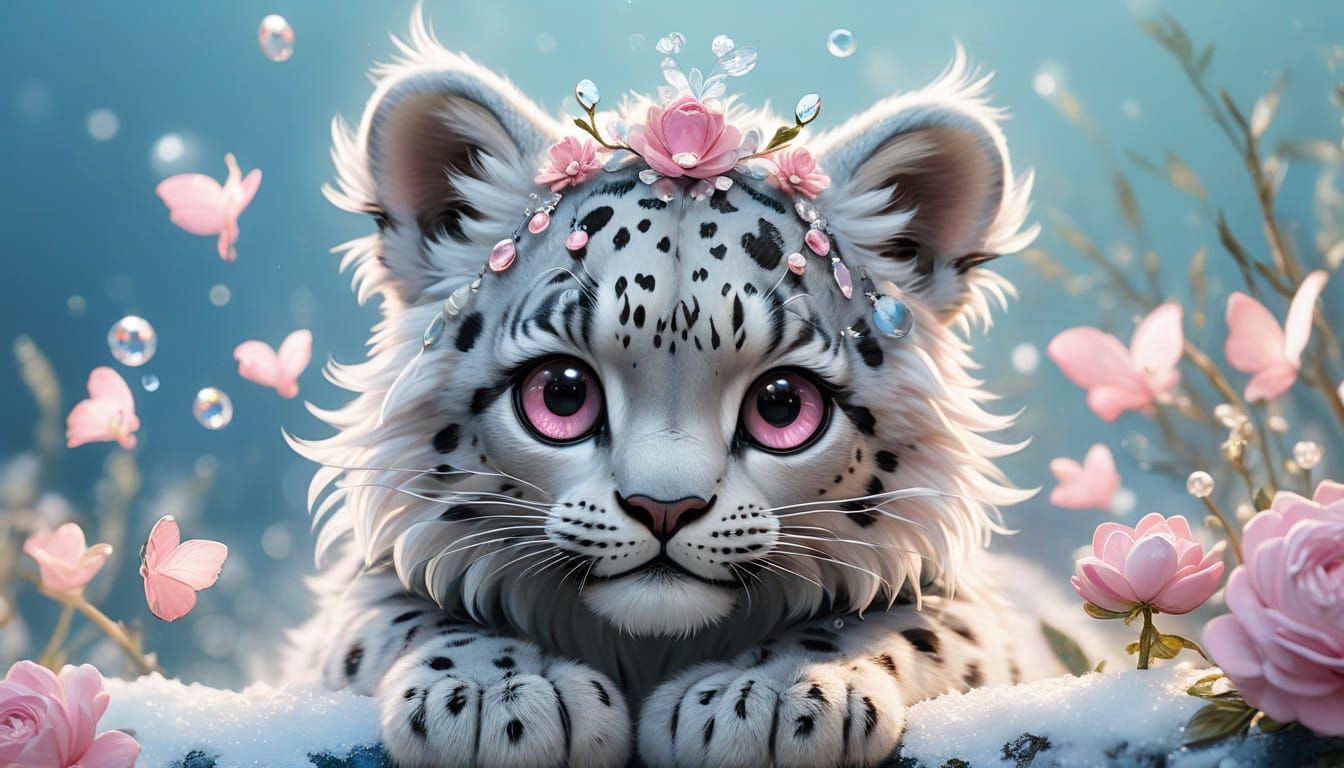 Whimsical Snow Leopard with Pearls and Gems