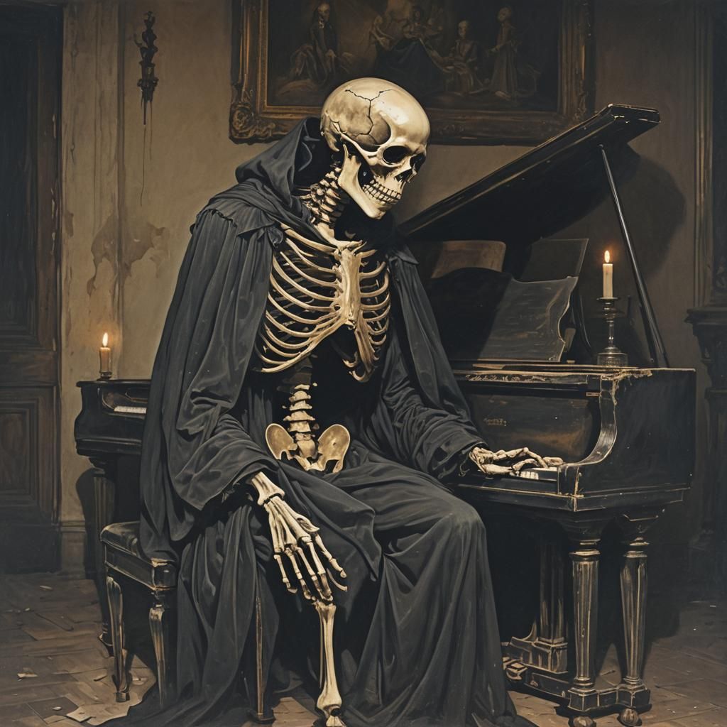 Eerie Skeleton Playing Piano in Dark Academia Style