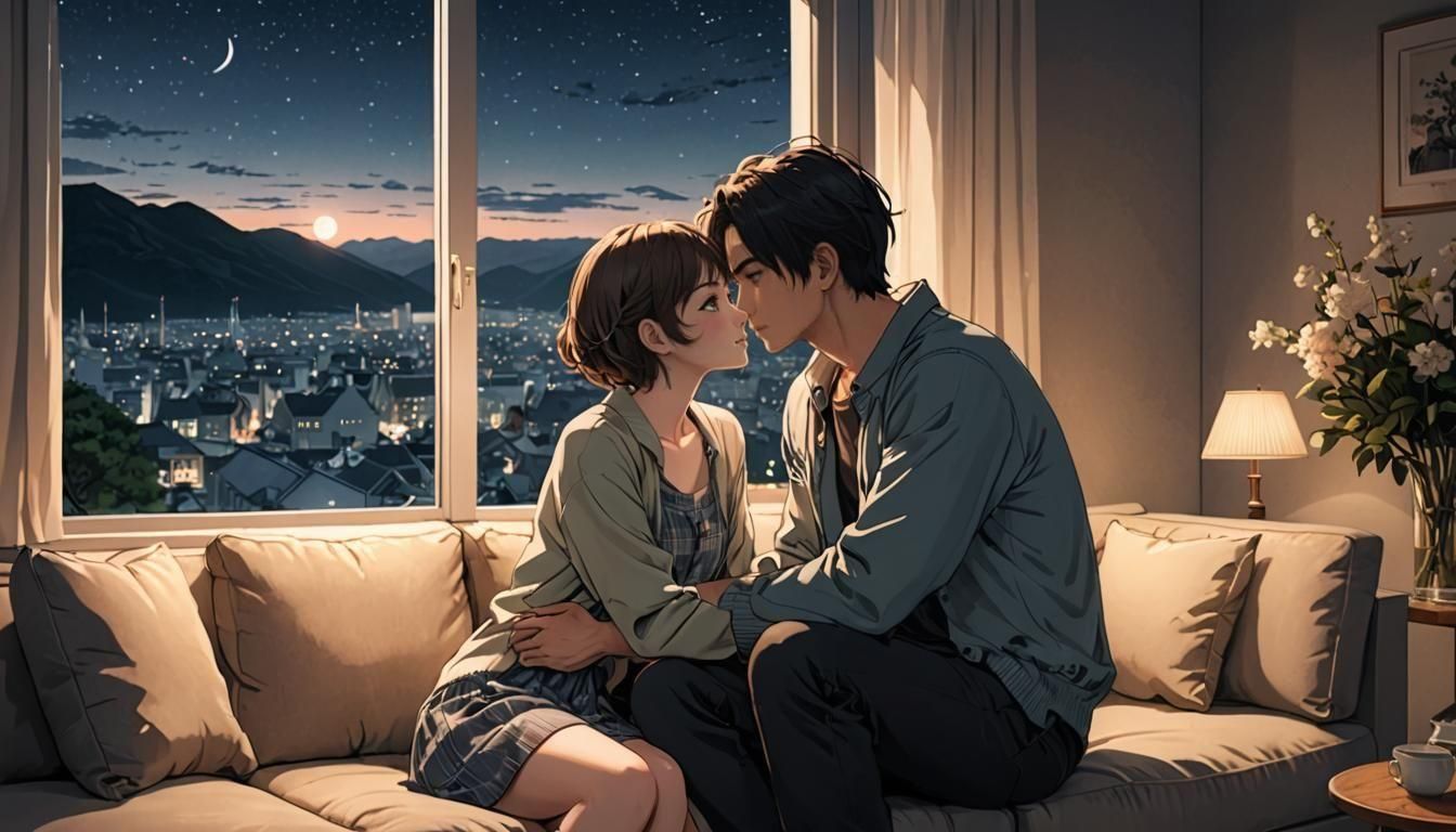 Romantic Manga Couple Kissing at Night