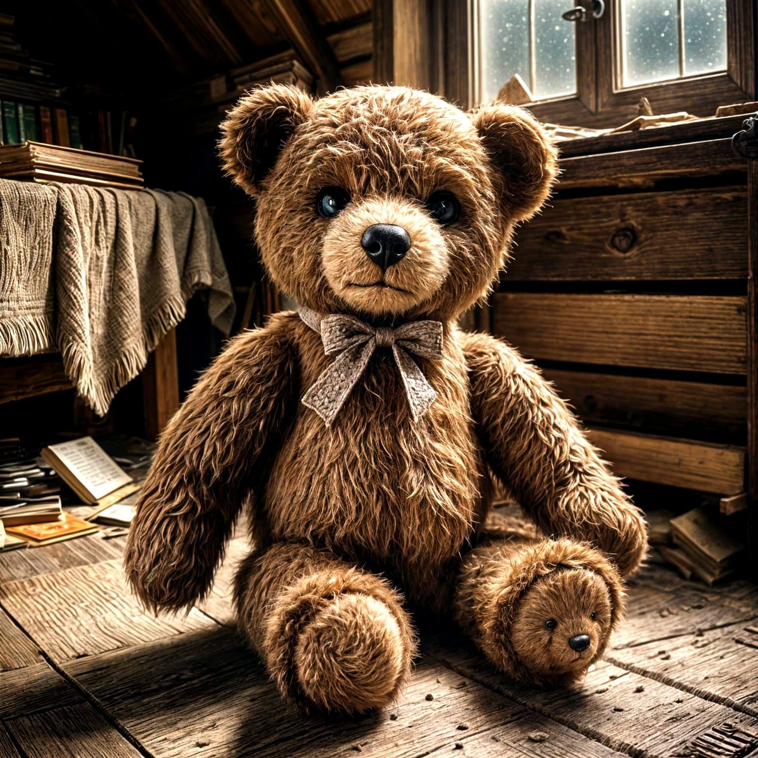 Sorrowful Teddy Bear in Dusty Attic, Photorealistic